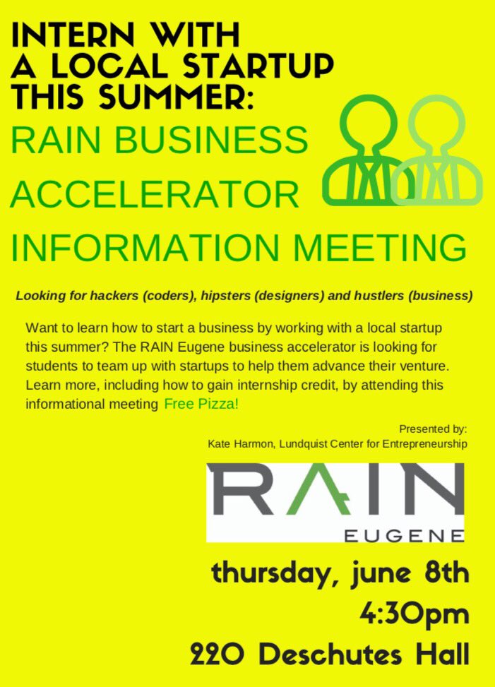 UOregonLCE's tweet image. Interested in interning w/@eugenerain startup this summer? Attend tomorrow's info session to learn more and hear from last summer's interns