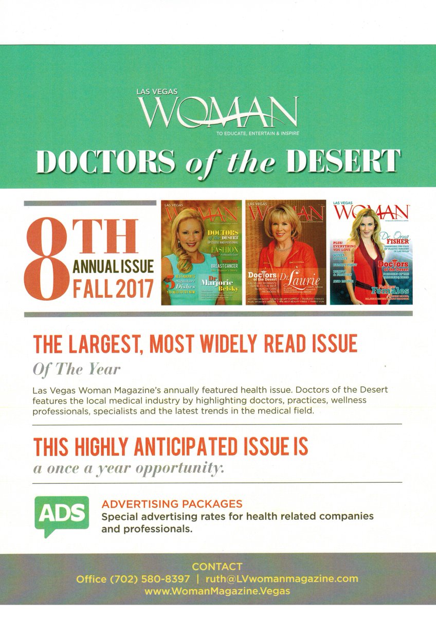 lauber221's tweet photo. Las Vegas Woman Magazine, Fall Issue, Doctors of the Desert.
Deadline July 5th.  Don't be left out, Special Rates.
Contact us today. https://t.co/BeUkIqRggE