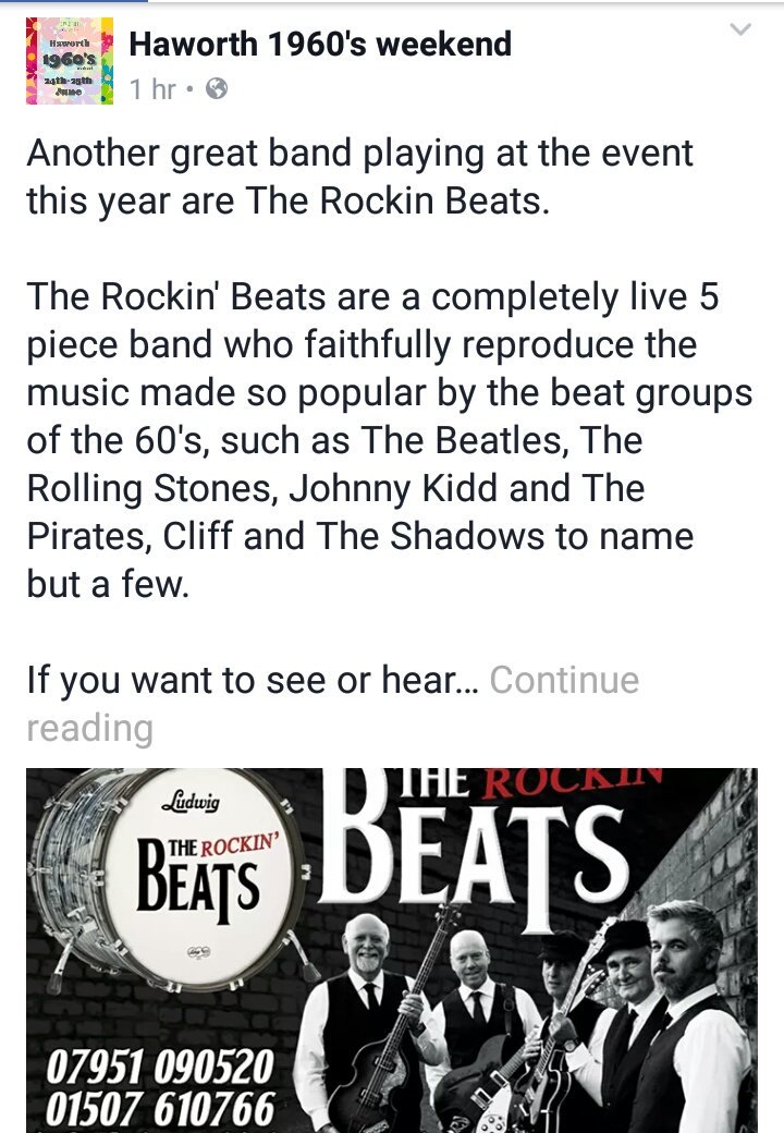 1960sHaworth's tweet photo. Introducing @therockinbeats - they will be on @FoHaworthPark bandstand during #Haworth60s Weekend 
#Haworth #60s #music 
RT https://t.co/YM4Y1xYwx0