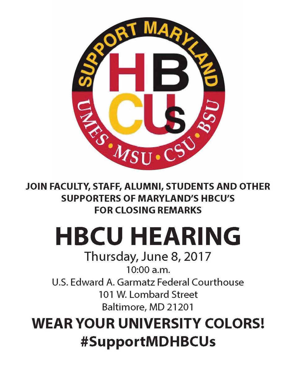 SupportMDHBCUs's tweet photo. Please join us tomorrow, June 8 at 10 a.m. for the closing remarks of the MD HBCU case. @BowieState @MorganStateU @CoppinStateUniv https://t.co/Bp6lzdO5lK