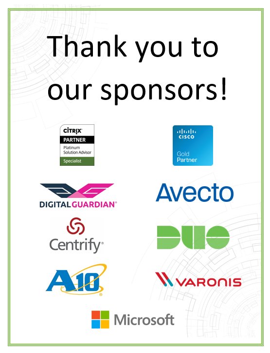 NRINorthAmerica's tweet photo. A huge thank you to our sponsors! @citrix @Cisco @Avecto @DigitalGuardian @duosec @varonis @Centrify @A10Networks @Microsoft #StartattheCore https://t.co/lWFiqwpCM7