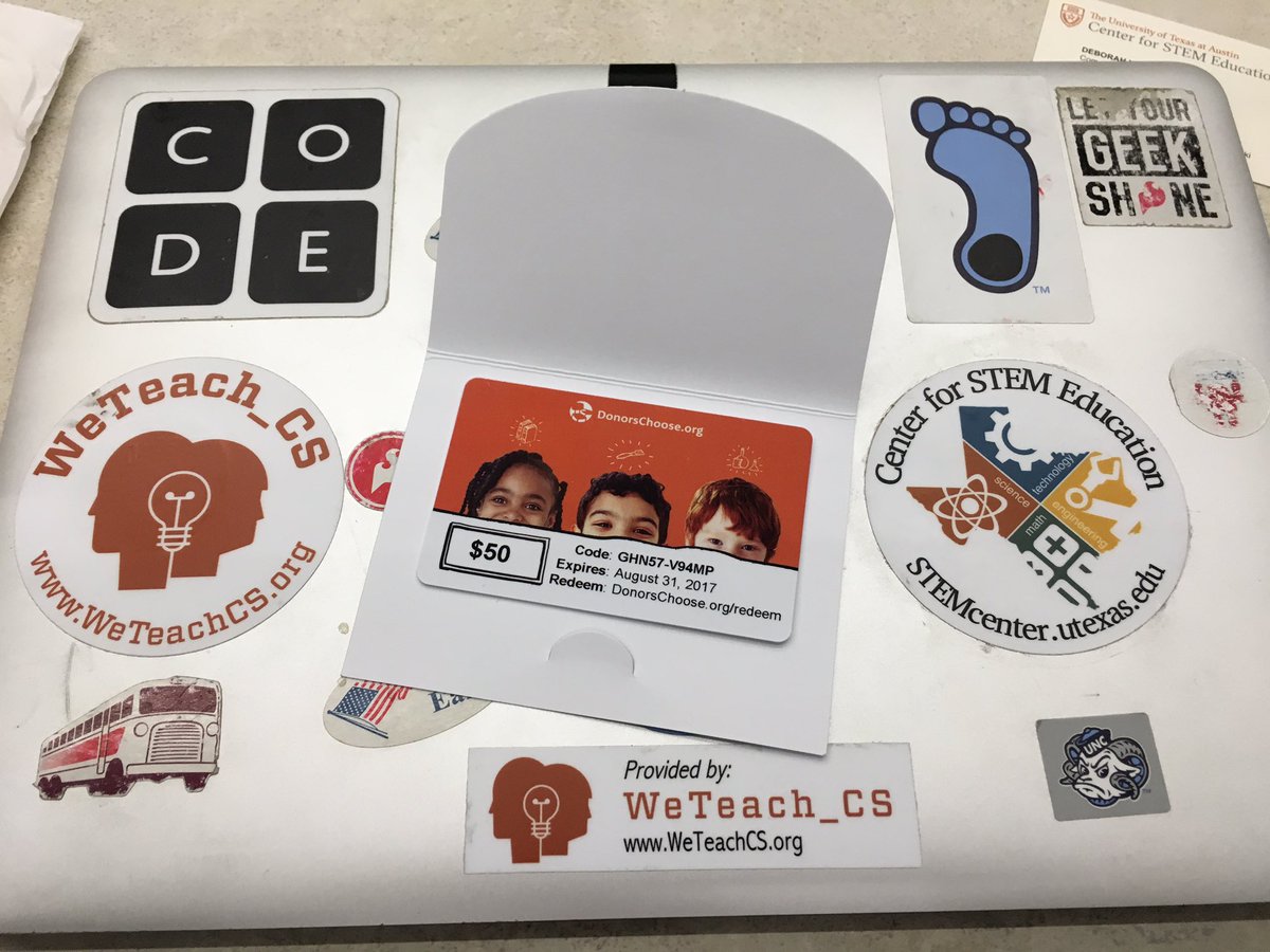 MsWhitneysRoom's tweet photo. Amazing prizes awarded at #wtcs2017 - look! An @DonorsChoose $50 gift card to use on my next project! @weteachcs @peaglin #BestConference! https://t.co/g5EahKZH55