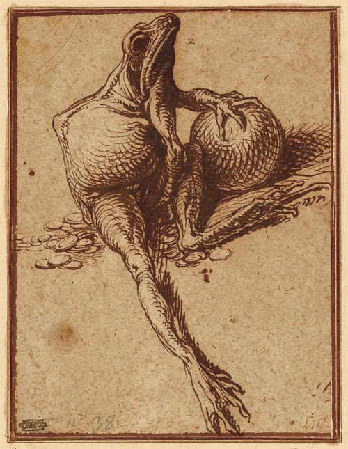 Iconomicone's tweet photo. Jacques de Gheyn II - A Frog Sitting on Coins and Holding a Sphere:  Allegory of Avarice - about 1609 https://t.co/es24XZHhvf