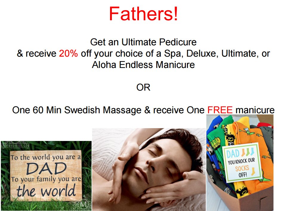 alohanailsspa's tweet image. Aloha all super dads, come celebrate fathers day at our salon with these promos!!! Get some relaxation and treatment that you deserve (: