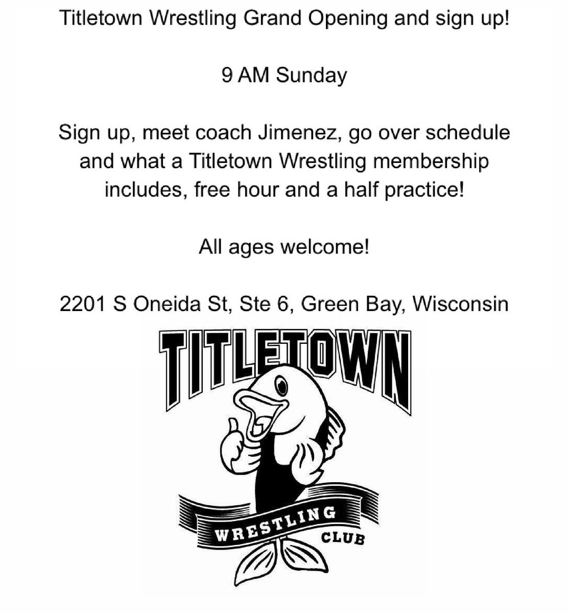 TitleTownWC's tweet photo. A flyer created by current member @phillipraz285! Come out on Sunday to learn the schedule and a free session to workout! #bestinbay https://t.co/6Iw58l5tfj