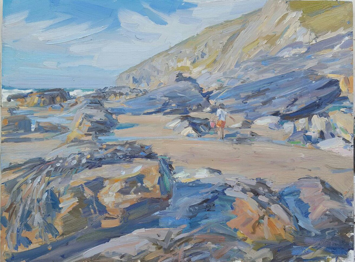 GrandyArt's tweet photo. Mussel Picking at Tregardock Beach, Oil on Gesso Panel, 30 x 40cm, £1450 by @tomhoarart  #cornwall #beach #seascape #art #grandyart #gesso https://t.co/olB2AbsNcy