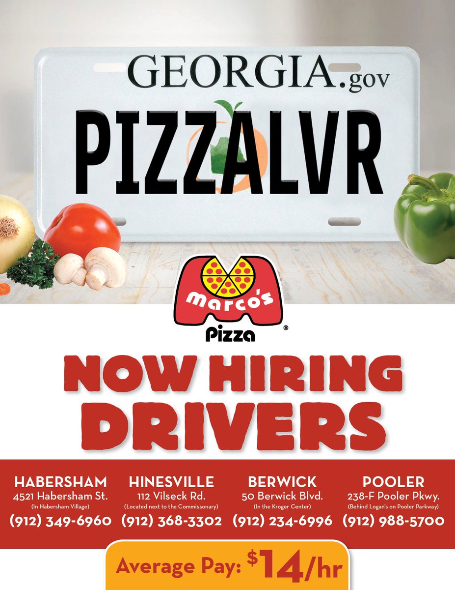 marcospizzasav's tweet photo. If you are interested in becoming a Driver we are hiring at all 4 of our Savannah locations! #marcospizza #hiring #drivers https://t.co/Vnz5fbP3Nr