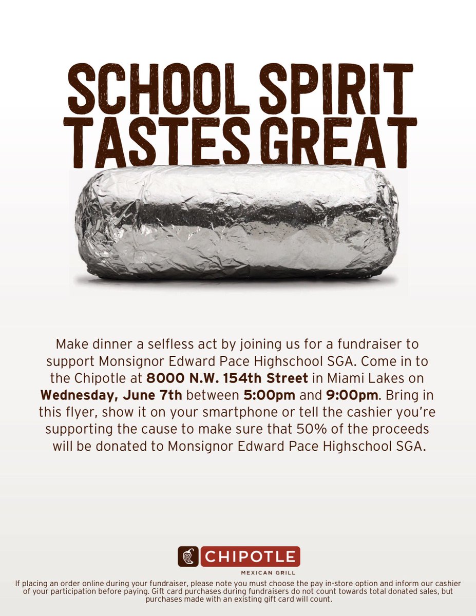 PaceSpartans's tweet photo. Celebrate the end of finals and support #PaceSGA TODAY at Chipotle in Miami Lakes from 5-9pm! See you there! #PaceSpartans https://t.co/oXbMZFc85S