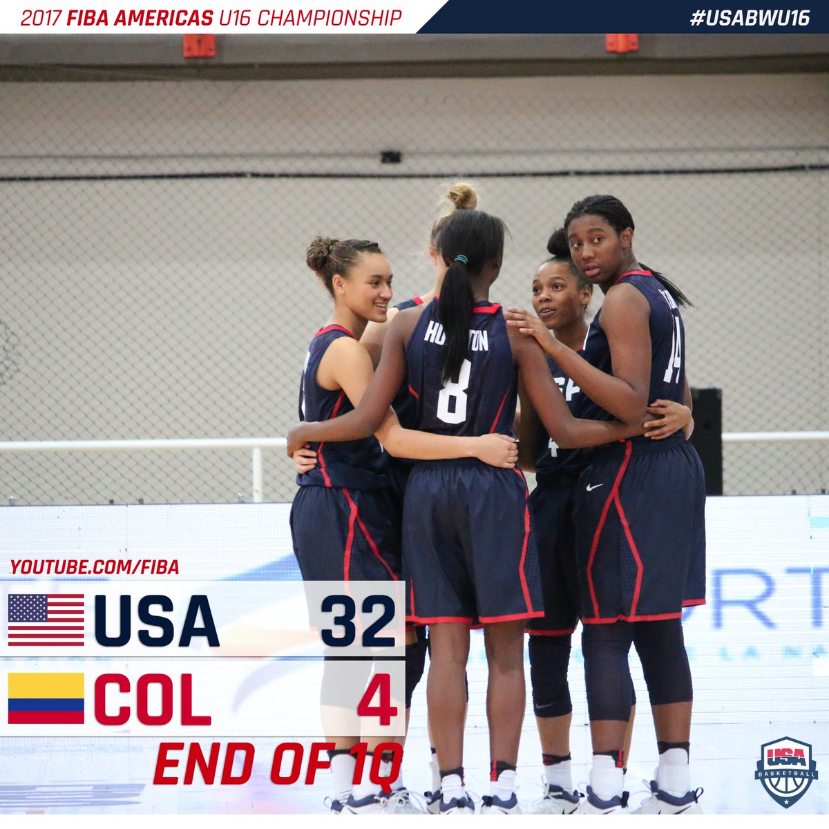 usabasketball's tweet photo. 🇺🇸🏀 #USABWU16 leads Colombia at the end of the first quarter, 32-4.

9️⃣ different USA players scored in the quarter! https://t.co/Gl4YCv4UPh