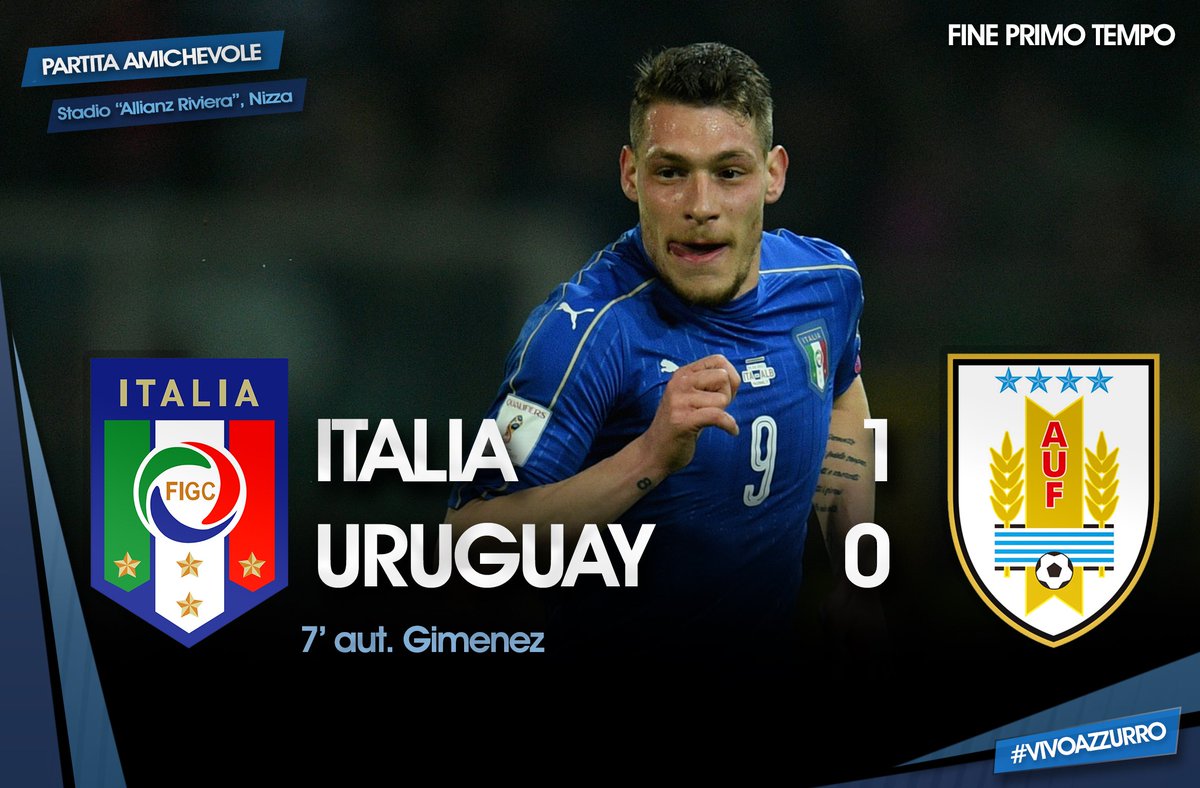 Azzurri's tweet photo. FINE PRIMO TEMPO
#ItaliaUruguay 🇮🇹🇺🇾 1-0 (aut. Giménez)

#ITAURU #Azzurri #Nazionale #VivoAzzurro https://t.co/eRllMb9YzR