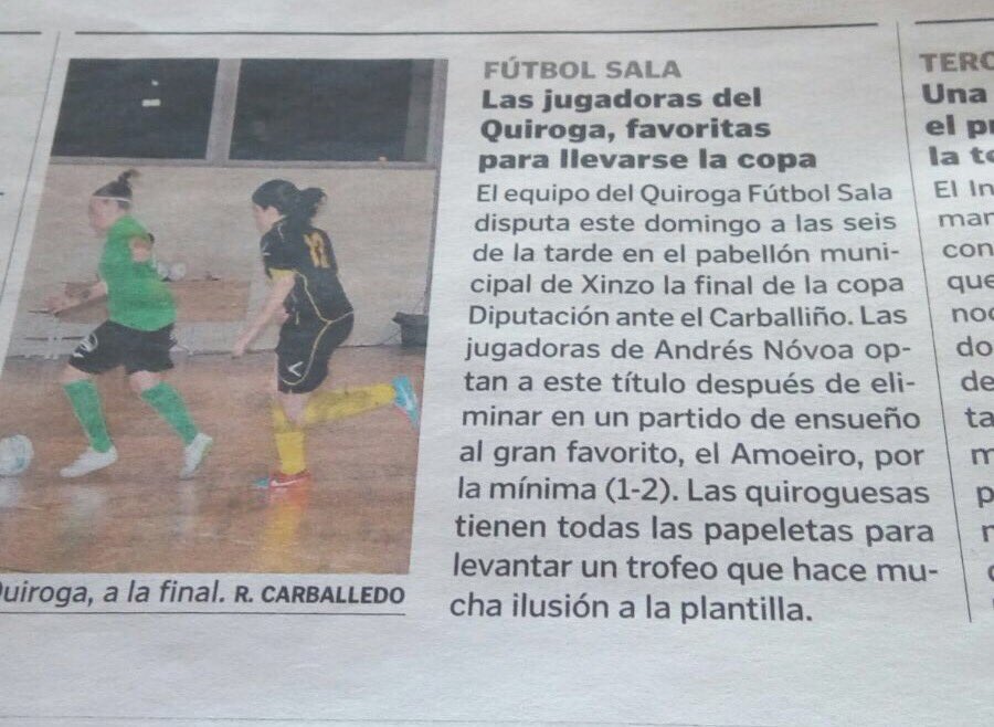 FsfQuiroga's tweet photo. Noticia do xornal La Voz de Galicia.

Corrección: a final disputarase o domingo 18. https://t.co/bZhWY2I9Ve