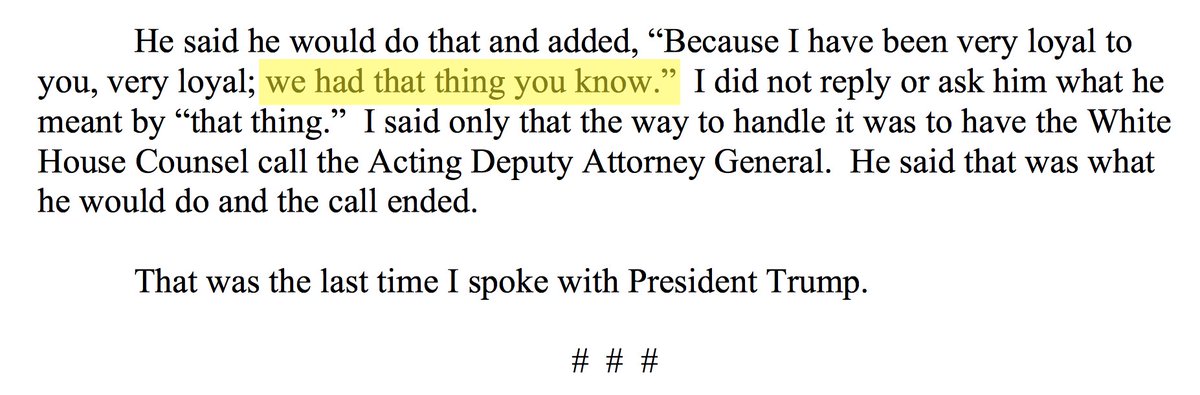 Is anybody else wondering what "that thing" is that Trump says he had with Comey? Full Comey opening statement: intelligence.senate.gov/sites/default/…