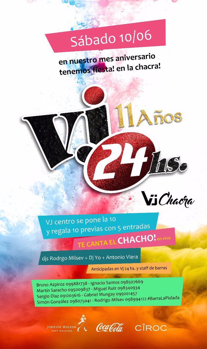VjcostaVj's tweet photo. Fieston! Sabado en Vj Chacra!!
Cumple 11 años de Vj24Hs!!
Vj24Hs se pone la 10 y regala 10 previas para ese Sabado!! Dale RT y participas!!! https://t.co/e3iIl1HqWR