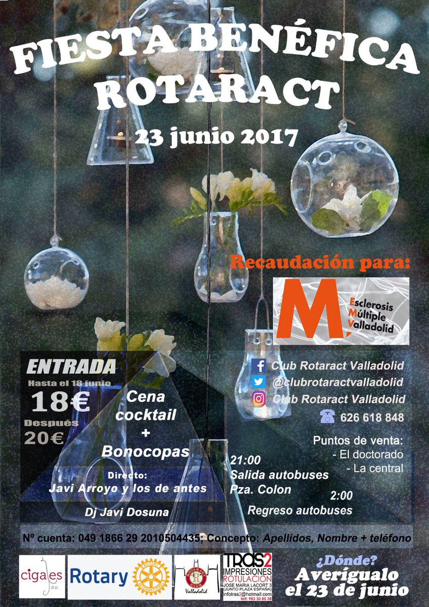 RotaractVA's tweet photo. Viernes 23 de Junio, fiesta benéfica para #AVEM . Cóctel, música en directo, vino patrocinado @DOCigales , copas y muchas más sorpresas... https://t.co/WjD1CD8221