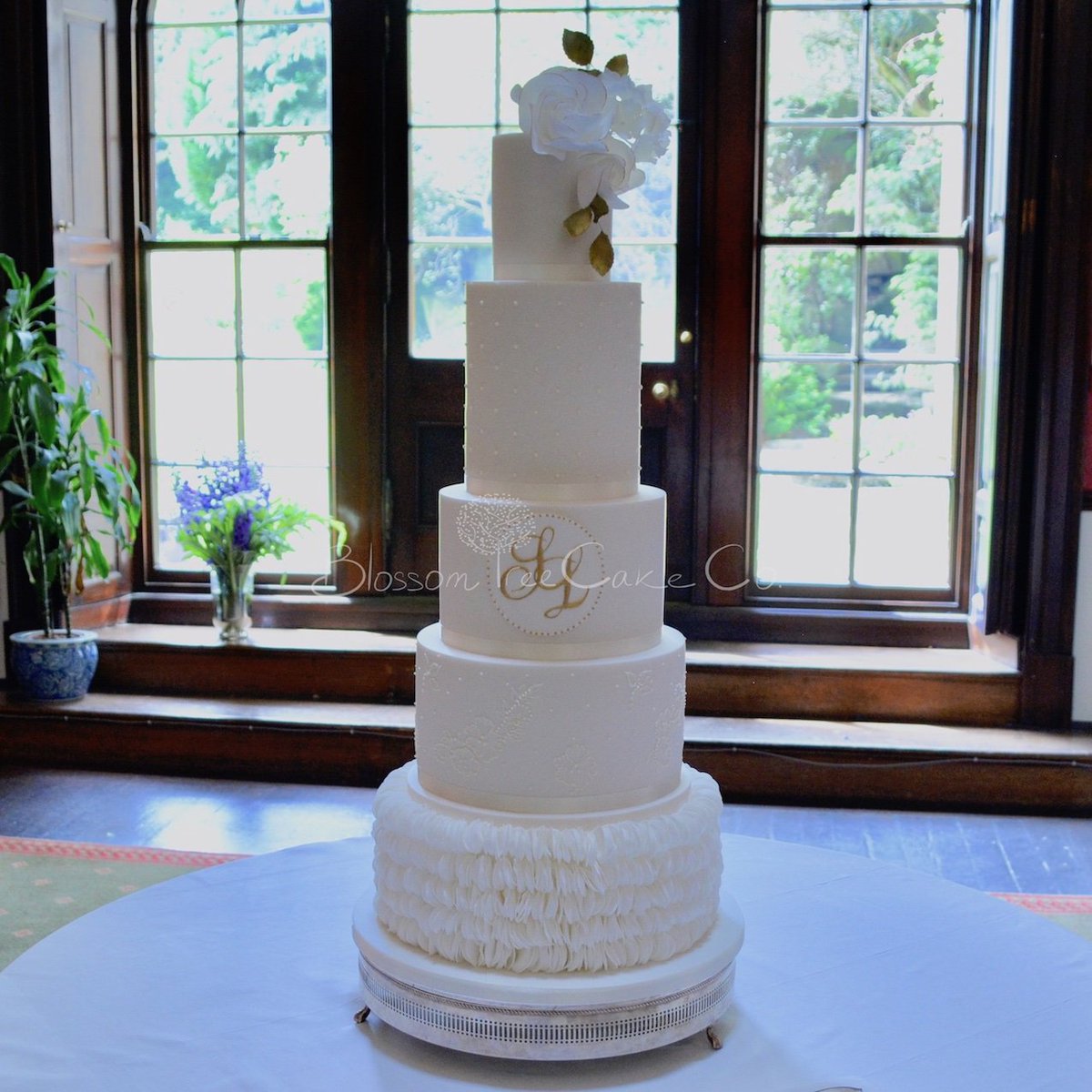 blossomtcakeco's tweet photo. Our 'Monogram &amp; Ruffle' #wedding #cake from Saturday's wedding at the fabulous @SwintonPark @Swintonweddings #weddinghour #Yorkshire https://t.co/MfHIlToEOn