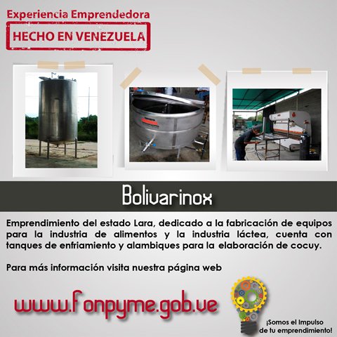 FONPYME_VE's tweet photo. #Bolivarinox emprendedor del edo. Lara, fabrica equipos para la industria de alimentos conócelo en nuestra pág. web https://t.co/X2z6l4akR4 https://t.co/FlzLVd77W8