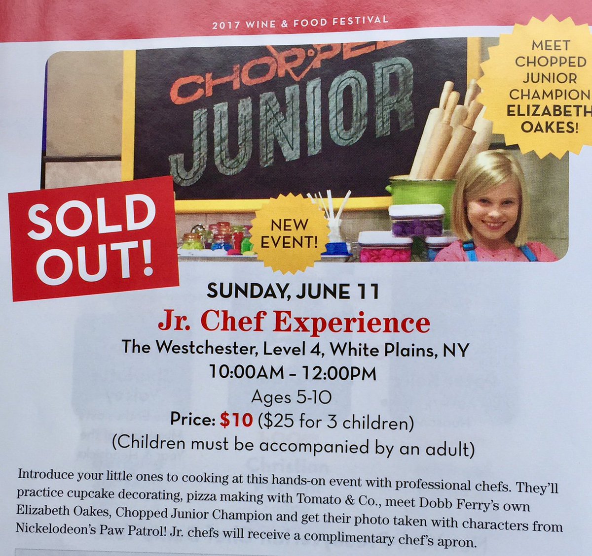 ElizOakes's tweet photo. Looking fwd to @WMWineandFood festival's SOLD OUT Jr. Chef Experience!  CU there! Bring #sprinkles. #choppedjunior, #westchestermagazine https://t.co/An9qPSo8SO