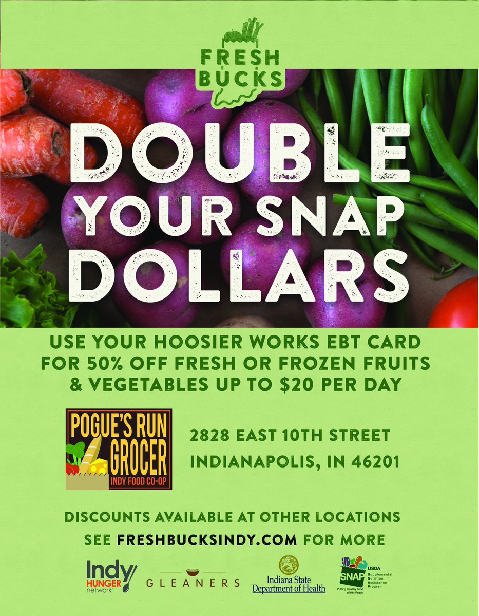 PoguesRunGrocer's tweet photo. Double your delicious! SNAP recipients can now get 2 for the price of 1 fruits and veggies with @FreshBucksIndy. #fooddesert #Indy #save https://t.co/gxUlDXwNgd