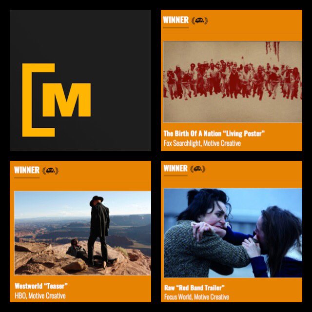 MotiveCreative's tweet photo. 3 Wins! Thank you everyone for another great year! #GoldenTrailerAwards2017 #BirthOfANation #Fox #Westworld #HBO #Raw #FocusWorld #Motivate https://t.co/MPZXGMlab6