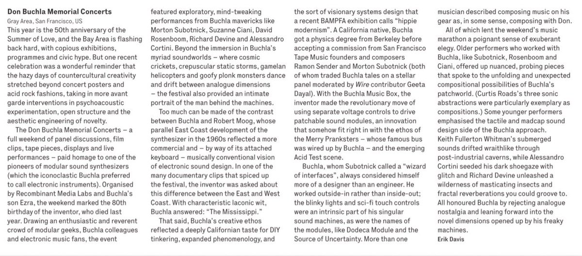 BuchlaFest's tweet photo. A fantastic review of @BuchlaFest in the new issue of the great music magazine The Wire! We are so happy to see this. Thanks, @erik_davis! https://t.co/0zpSRSCoch