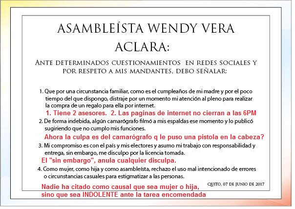 Lo que opino sobre la "aclaración" de Wendy Vera:
Mientras más aclara, más obscurece ...