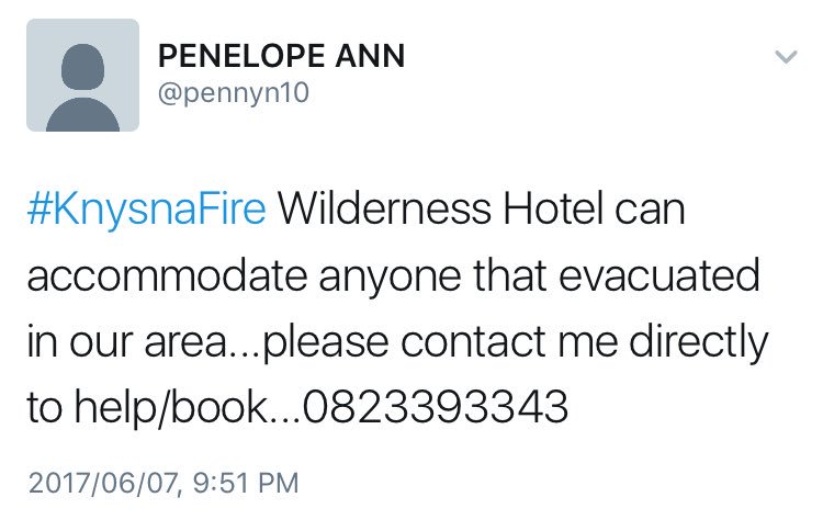 #KnysnaFire: Wilderness Hotel ready to accommodate anyone in need of help, contact Penelope Ann on 082 339 3343 #sabcnews