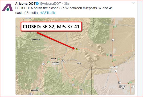 CCFirenIncident's tweet image. #AzFire #SmithFire #CLOSED: A brush fire closed #SR82 between mileposts 37 and 41 east of #Sonoita.  #AZTraffic