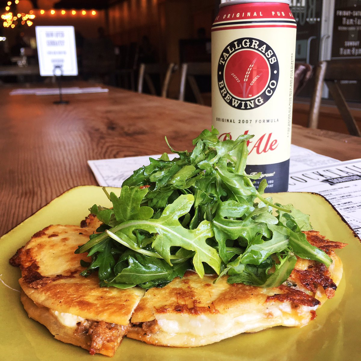 BourbonAndBaker's tweet photo. Quesadilla with chorizo, green onions, cotija &amp; menonita cheeses. Served with arugula tossed in a citrus vinaigrette. #quesadillawednesday https://t.co/mZ64FNCxWH