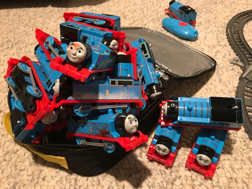 evincent32's tweet photo. When nearly every @ThomasFriends train set comes with a Thomas engine, you get quite a collection. #ThomasObsessed https://t.co/6HGKn9YZHa