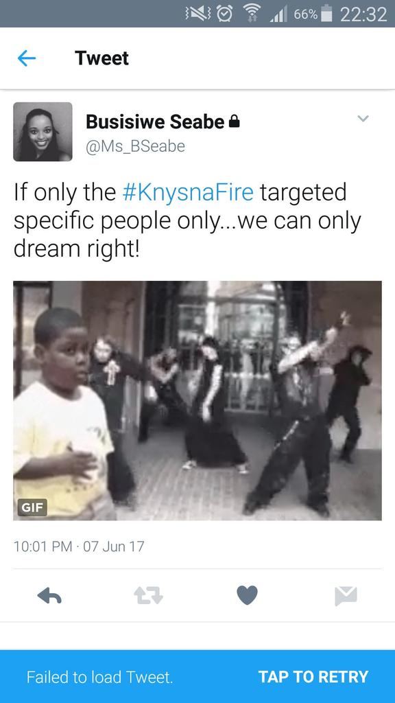 This is  embarrassing  from @Ms_BSeabe, how can one wish such on another human kind #KnysnaFire ... Jeso😈😈😢