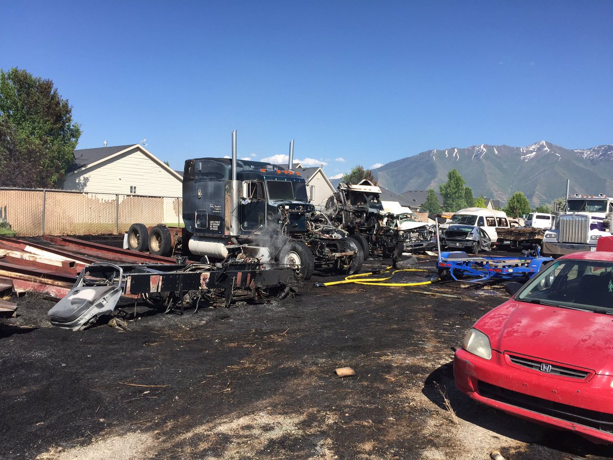 ChiefSPD's tweet photo. Fire on 1750 W 1500 S in junkyard caused by welding. When firefighters arrived 12 old cars burning.  Now under control.  No injuries. https://t.co/G8VCppHLfA