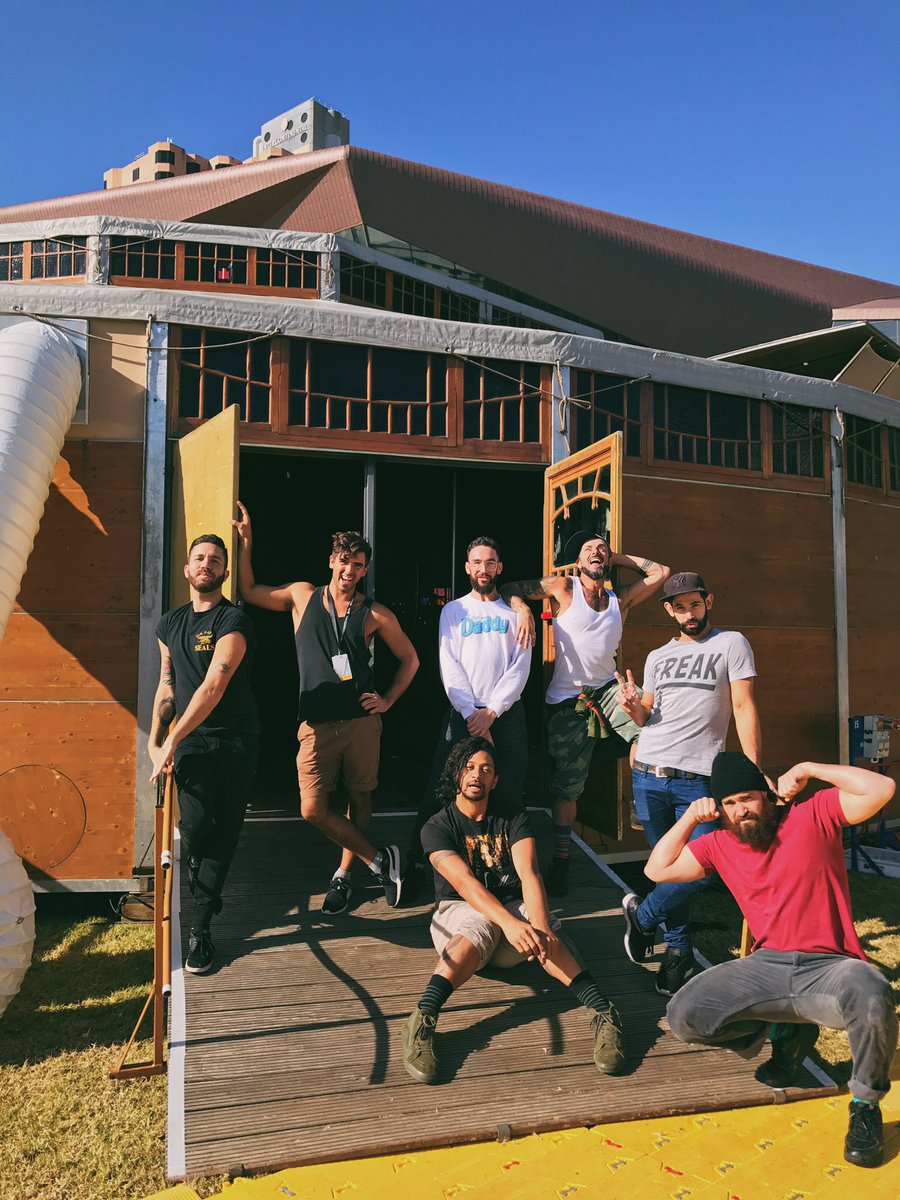 Briefsfactory's tweet photo. Briefs boys: Assemble! Back on the road and our first stop is the gorgeous @AdelaideCabaret Festival. Gorge weather? Rehearsal outdoors! 🍾👽💥 https://t.co/8klp04IJx8