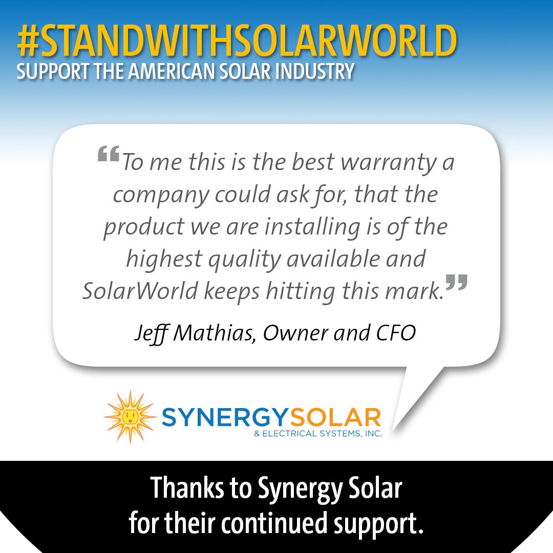 SolarWorldUSA's tweet photo. Thank you @Synsolar for backing #SolarWorld and the US #solar industry. #StandWithSolarWorld #StandWithSolar. https://t.co/oWLpOZn30E https://t.co/QVGW17JtQN
