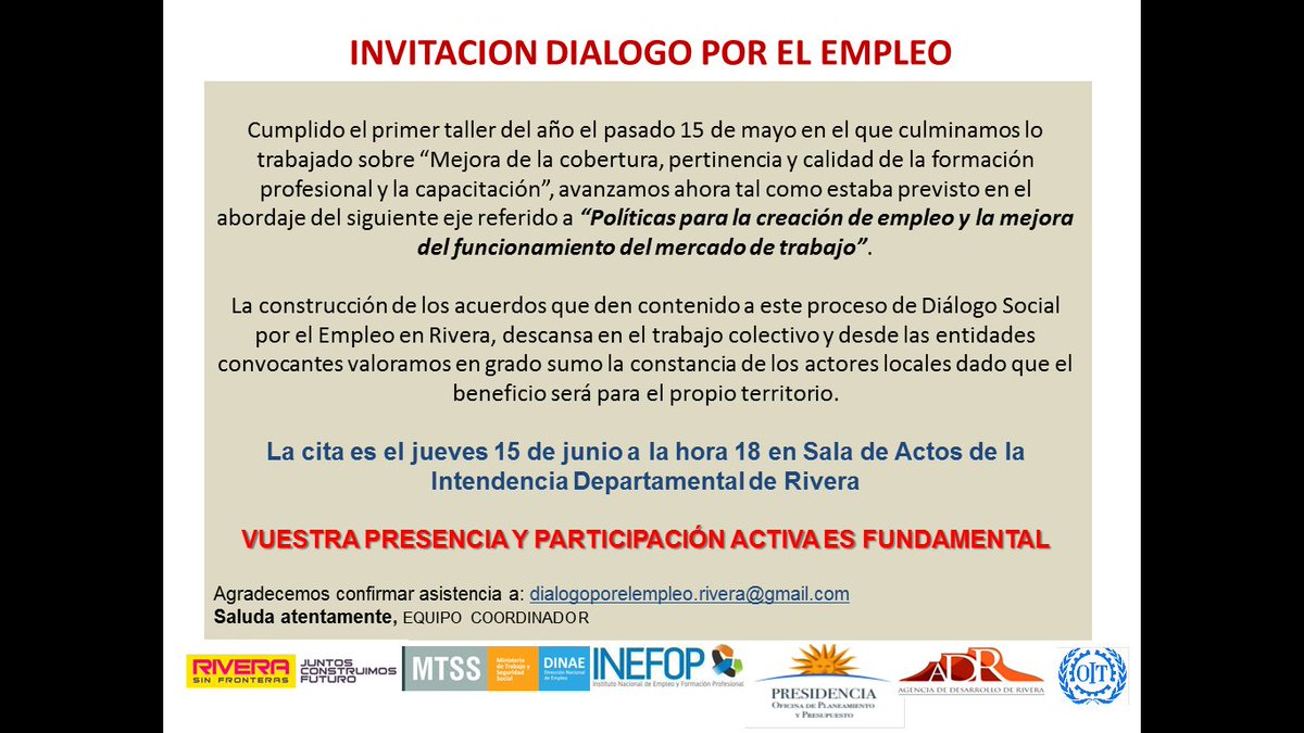 Desarrollo_IDR's tweet photo. Nos preparamos para una nueva instancia del DIALOGO POR EL EMPLEO en Rivera día 15 de junio  hora 18 Salón Actos IDR https://t.co/chSnIG1uoI