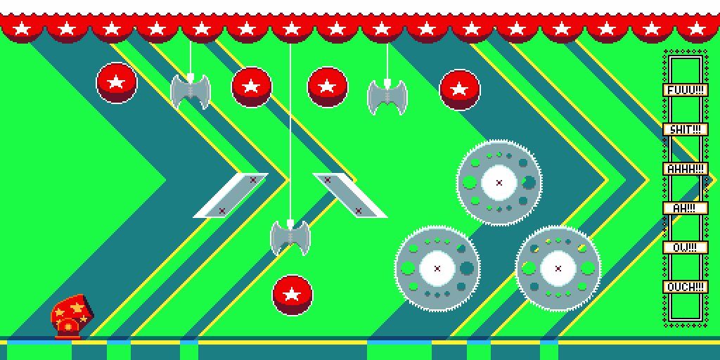 PineconeGraphic's tweet image. Deathtrap Donny level/asset mock up. Just added a pain meter! #gamedev #pixelart #gamedevnetwork #blueberryjam