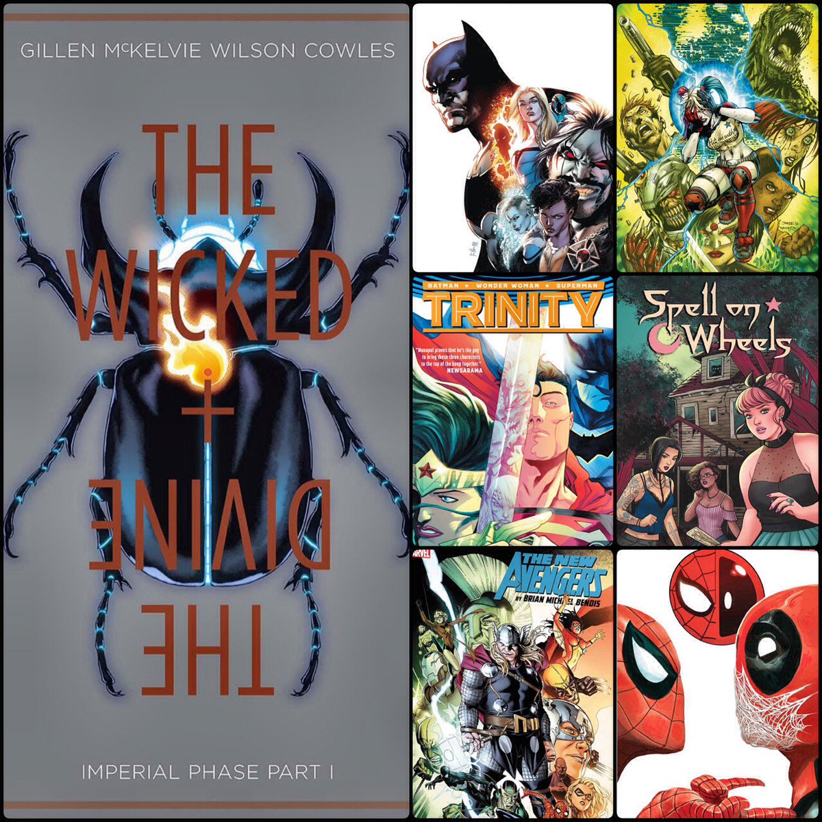 kittystavern's tweet photo. Recommended new trades #SpellOnWheels #JLA #SuicideSquad #Trinity #WickedAndTheDivine #NewAvengers #SpiderManDeadpool #ncbd https://t.co/S33qTEBY1z