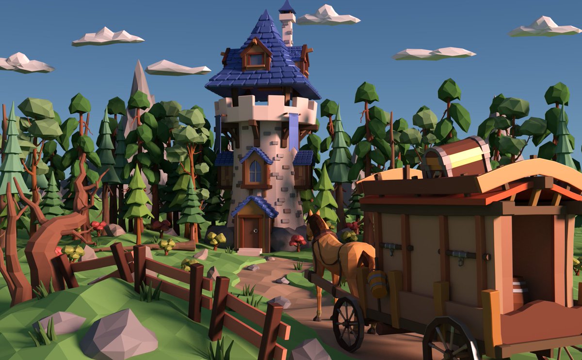MakcKopp's tweet image. Caravan on the way to the watchtower. #3dmodel #lowpoly #Blender3d #gamedev #3dmodeling #cartoon #fantasy
