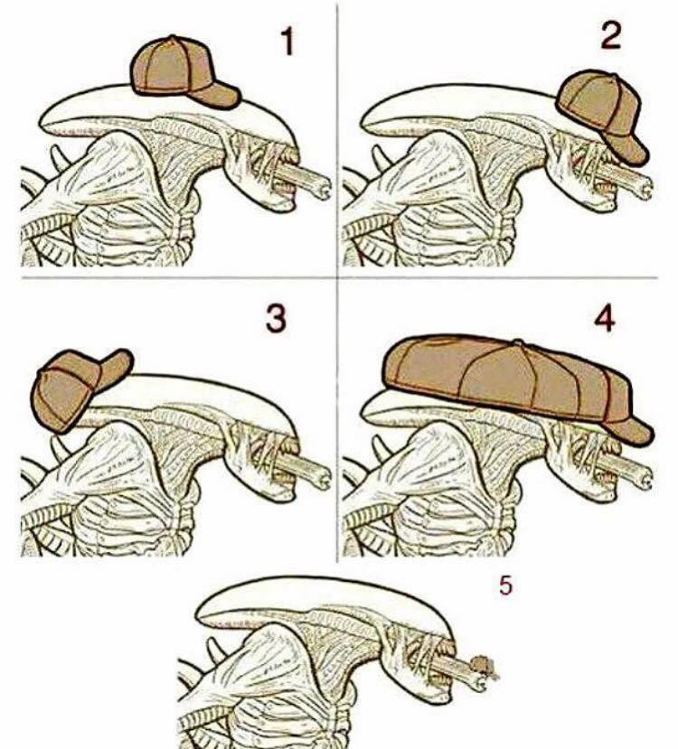 DezMaggs's tweet photo. Ok, we are having a debate at work. Which one is the correct way this person should wear there hat? #AlienCovenant #aliens #whichiscorrect https://t.co/O3MU17MeWw