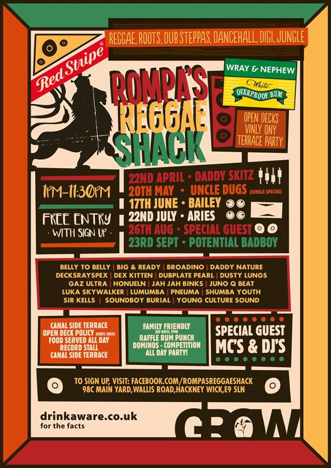 JUN 17: <a href="/RompasReggae/">Rompa's Reggae Shack</a> return to <a href="/GrowHackney/">Grow, Hackney</a> ft <a href="/BaileyIntabeats/">Bailey</a> @RedStripeLager &amp; <a href="/WrayAndNephewUK/">Wray & Nephew UK</a>. FREE ENTRY: bit.ly/2rO9iCS