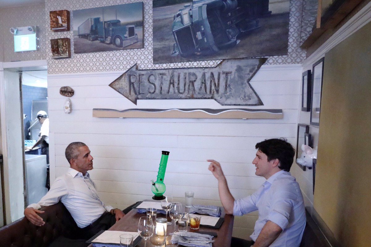 WolfOfWeedST's tweet photo. This picture of @JustinTrudeau &amp; @BarackObama discussing the future casually over a #Bong is swell https://t.co/tN1V3FemVS