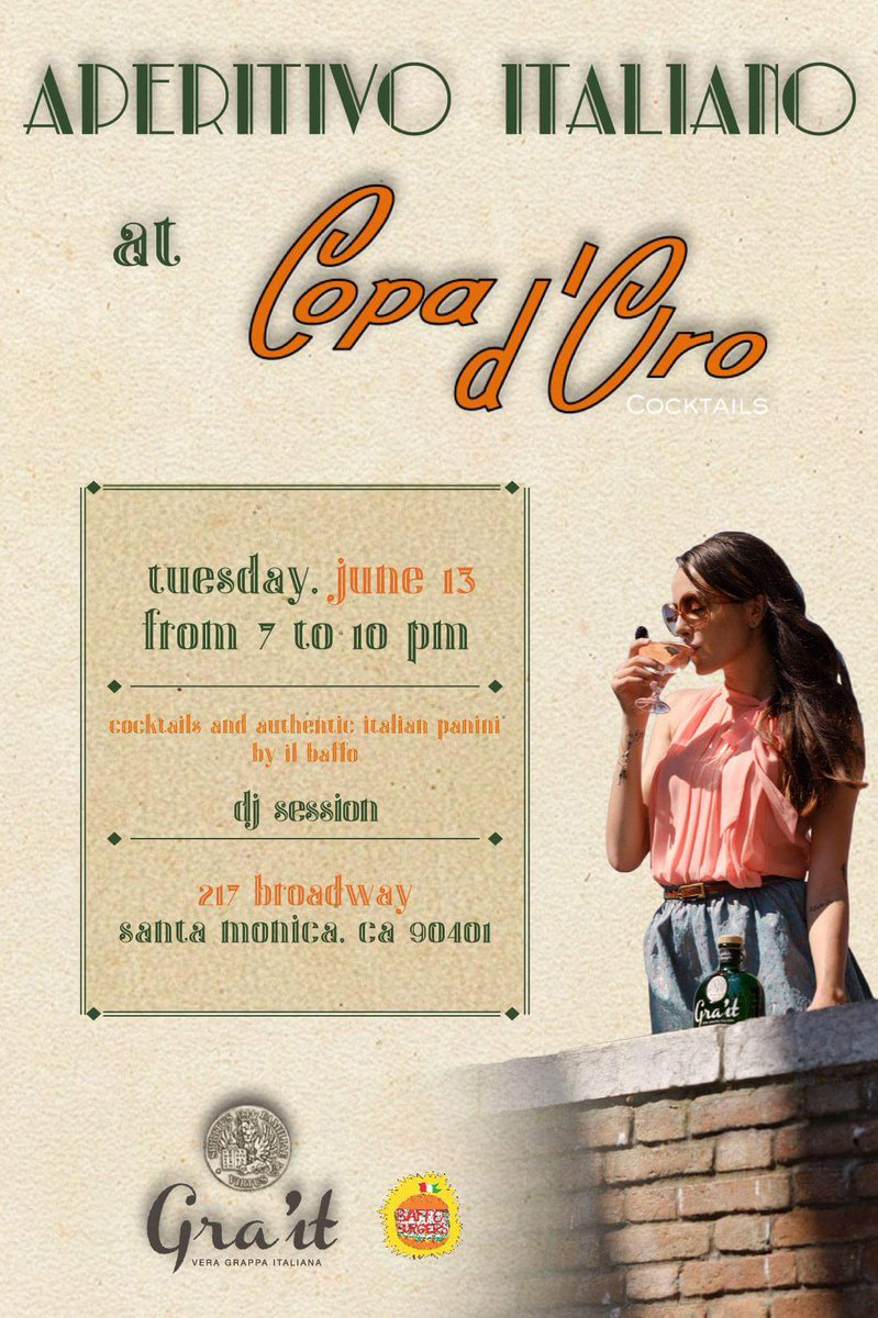 graitgrappa's tweet photo. Join us for an Aperitivo event on Tues, June 13 at @CopadOro!
๐ #GRAPPALUTION https://t.co/Iqz5R9Xvlq