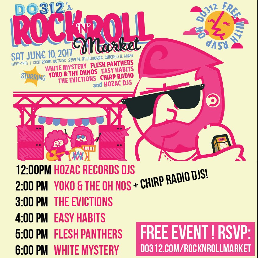 <a href="/JessiTaylorRO/">Jessi Roti (she/her)</a> <a href="/Do312/">Do312</a> Schedule for #rnrmarket June 10 at <a href="/EastRoomChicago/">East Room</a> <a href="/Do312/">Do312</a> <a href="/fleshpanthers/">flesh panthers</a> <a href="/yokoandtheohnos/">Yoko and the Oh No's</a> #whitemystery :)  do312.com/rocknrollmarket