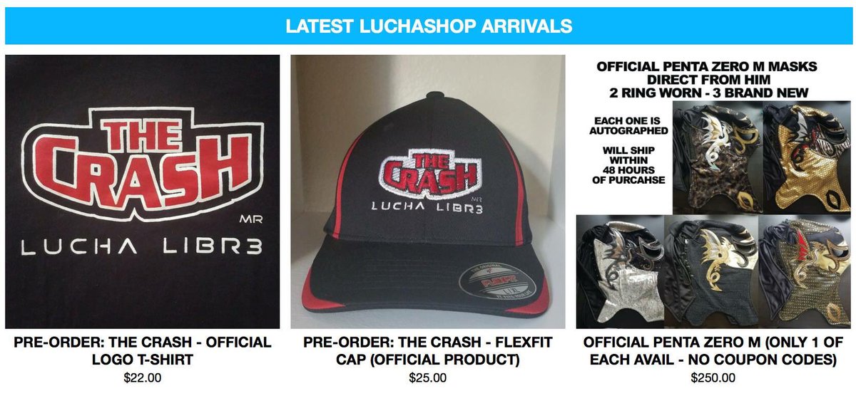 LuchaShopMerch's tweet photo. Now at https://t.co/giPIkPRqHc - Official @TheCrashLuchas merch!  Shipping worldwide. Hats are Flexfit &amp; Ts are US sizes up to 5XL 👊🏽👊🏽 https://t.co/3ryxSCjE6T