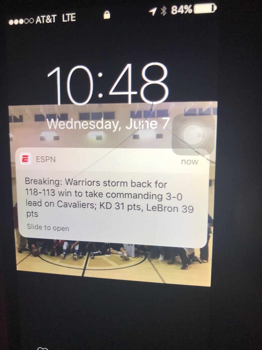 HeraviAlana's tweet photo. This popped up on Tylers phone and I thought he was going to cry #hescreamed #punchedtheconsole #Goldenstatesweep https://t.co/wTU8UB4OGw