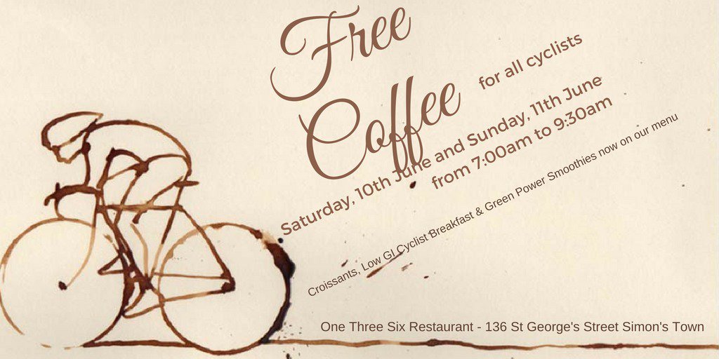 Free coffee for cyclists this weekend till 9:30. <a href="/PedalPowerPPA/">Pedal Power (PPA)</a> <a href="/BicycleCapeTown/">Bicycle Cape Town</a> <a href="/OutridersCycle/">OutridersCycleClub</a>  <a href="/DouglasJonesMos/">Douglas Jones Mosaic</a>