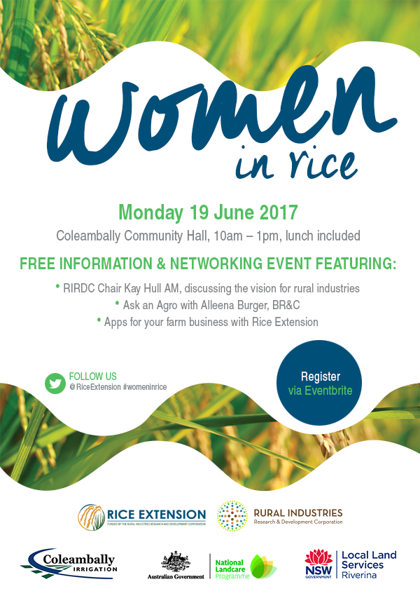 RIRDCRuralWomen's tweet photo. New rural network to connect &amp; empower #womeninrice launching Coleambally 19 June @RiceExtension  register via: https://t.co/lcsMmad5mD https://t.co/jdVSEeWhW1