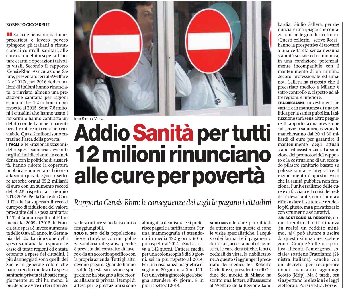 francofontana43's tweet photo. Rapporto Censis-Rbm
Addio Sanità per tutti
12 milioni rinunciano alle cure per povertà
@ilmanifesto https://t.co/2WCgL0Lb2h