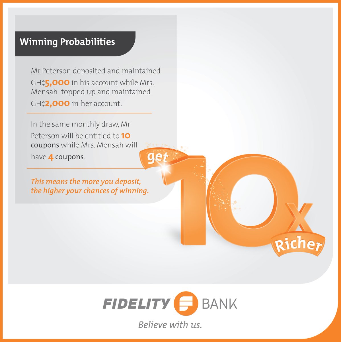 fidelitybankgh's tweet photo. It's the season of 10. The number 10 is as powerful as it gets in the Fidelity 10X Richer promo.  Here's a scenario on how you could win https://t.co/y5z21Sqtki
