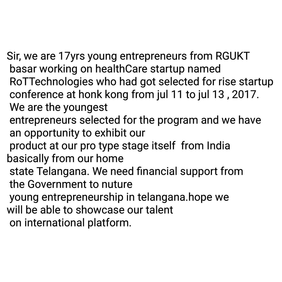 PavanDharma5's tweet photo. @KTRTRS Sir, as a young rural entrepreneurs from telangana we are in need of Government support. Hope we will receive a great backing from u https://t.co/ljzFJjeKPX