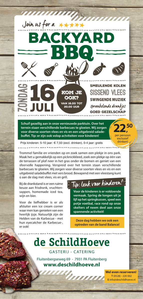 Zin in een gezellige barbecue, met live muziek, mals vlees in onze prachtige parktuin?
16 juli bent u van harte welkom op onze Back Yard BBQ